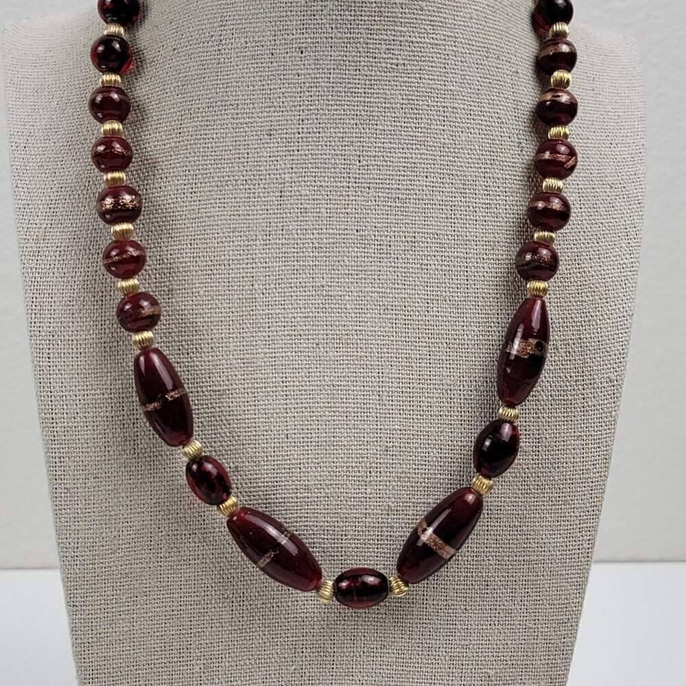 Vtg. Crimson Red Faux-Amber Glass Art Beaded Necklace Gold Plated Fishhook 19 In